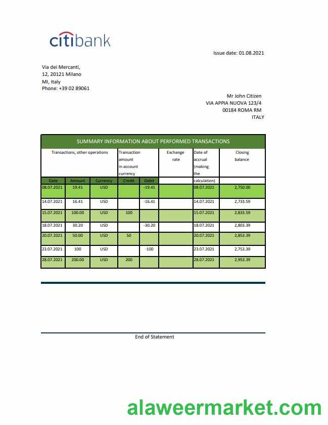 Italy Citibank excel pdf